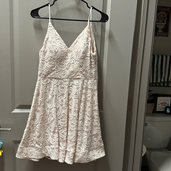 cover up lace dress Make Memories Molded Bust Lace-Up Back Lace Mini Dress White/Beige